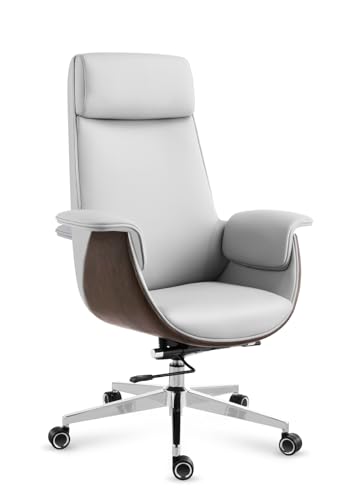 MARK ADLER Boss 8.2 White | Ergonomischer Bürostuhl Chefsessel Drehstuhl Modern | Höhenverstellbar Drehbar Wippfunktion | Armlehne | bis 130 kg belastbar | Homeoffice Büro | Kunstleder Holz | Weißgrau