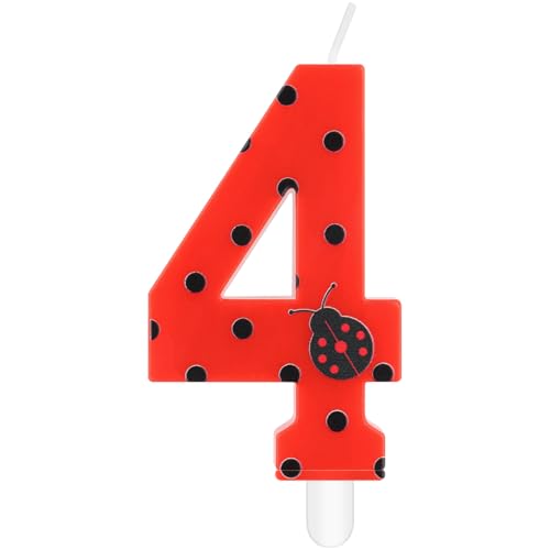 mciskin Velas de cumpleaños de mariquita de siete puntos, decoraciones de 4º cumpleaños para niñas, vela roja número 4 para pastel, velas de mariquita roja para decoración de tartas para fiesta de