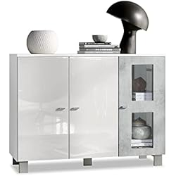 Cajoneras Con Frente De Cristal Vladon Cajonera Denjo, Cómoda con 3 Puertas, Blanco Mate/Blanco de Alto Brillo/Hormigón Oxidado (107 x 81 x 35 cm)