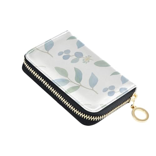 Eucalyptus Leaves Flower Pattern Credit Card Holder Case Leather Printed Zipper ID Card Case Wallet Small RIFD Blocking Wallet for Women Girls