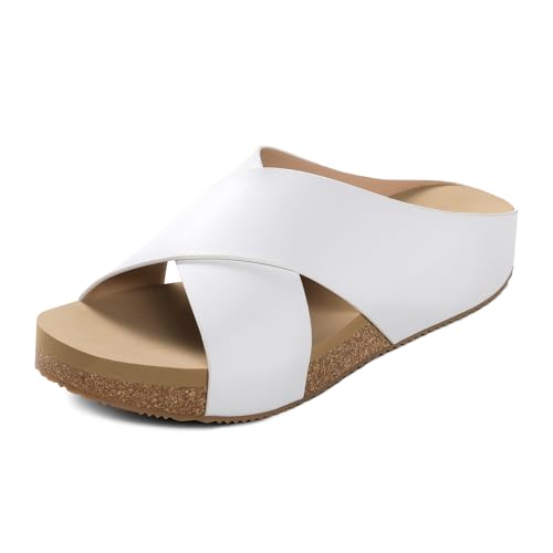 DREAM PAIRS Women's Cork Slide Sandals Slip on Open Toe Cute Platform Criss Cross Flat Sandals for Summer 5 White/Pu