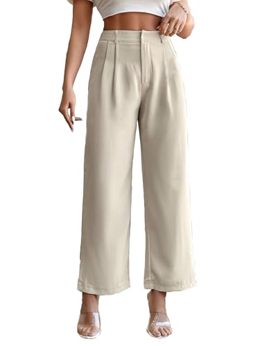 Image of KATECLO Women's Wide Leg Pants | Beige Polyester Trousers | Stylish Korean Clothing | Flared, Straight Fit, Baggy, and Loose Jeggings for Girls and Women