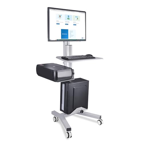 AW Medical Mobile Computer Cart Rolling PC Stand Desk Workstation on Wheels with Monitor Mount Adjustable Keyboard Tray CPU Printer Holder for Hospital Clinic School Office Silver