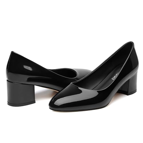 Image of SKYSTERRY Women's Low Heel Dress Pumps Shoes 2 Inch | Low Chunky Block Heel Pumps, Closed Round Toe Heels, Patent Leather Office Work Wedding Pumps Shoes