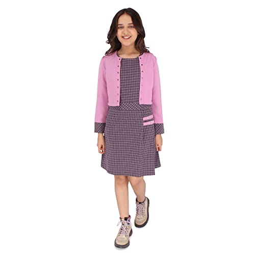 Image of Cutecumber Girls Georgette Checkered Mauve Shift Dress with Short Shrug. CC6741D-MAUVE