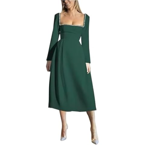 Absyore Square Neck Long Sleeve Wedding Dresses for Brides Satin Simple Tea Length Prom Bridal Shower Gown with Pearl Winter Party Dress for Women Emerald Green US2 Cover