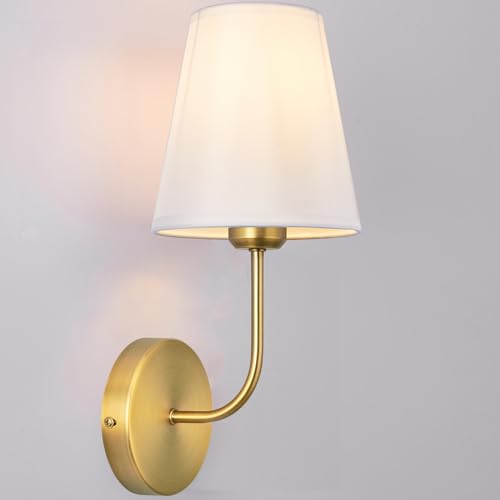 Image of Antique Brass Hardwired Wall Sconce Set of 2 - Gold Finish with White Fabric Shades，Bedroom Lighting, Living Room, Farmhouse, Fireplace, Hallway, Bedside Lamp,Bathroom Wall Lights