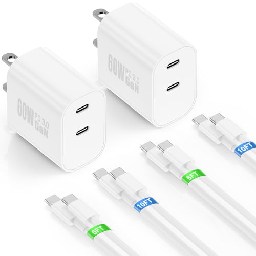 Image of Dual Port Type-C Fast Charger 60W(in total) for iPhone 17 Pro Max, 6 /6 /10 /10FT PD3.0 USBC Fast Charging Cable /Cord for iPhone 17 /16 /15 Pro /Plus, iPad, Samsung Galaxy S26 S25 S24 S23 S22, Android Phone