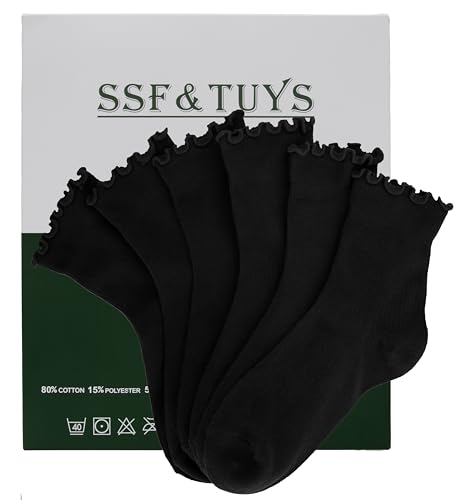 SSF&TUYS Womens Black Ankle Socks 6 Pairs Soft Cotton Cute Frilly Trim Breathable and Comfy for Everyday Wear