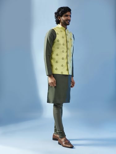 Image of KISAH Men's Kurta Jacket Churidar Set, Sea Green Art Silk, Embroidered Long Sleeves Regular Fit Mandarin Collar