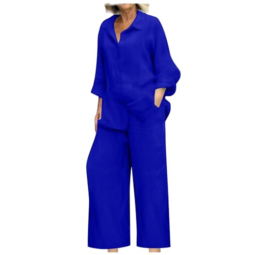 Fccrian Set di 2 pezzi in lino per le donne estate 2024 camicie a maniche lunghe larghe pantaloni a gamba larga Set coordinato Plus Size Abiti da vacanza abbinati abiti da allenamento per uomo, Bu2, M