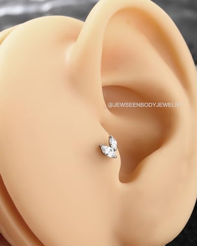 Jewseen Boucle d'oreille en titane à dos plat avec feuille en cz - Épingle à hélice pour lèvre - Piercing en cartilage 16 G - Épingle à tige labret à filetage interne, 16G 6MM, Titane Zircone cubique – vue 2
