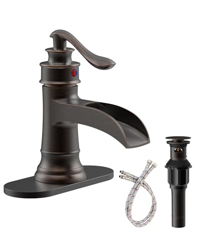 Oil Rubbed Bronze Waterfall Bathroom Faucet Brass Vintage Bath Sink Faucets 1 Handle 1 3 Hole for Rustic Vanity Farmhouse with Pop Up Drain with Overflow Deck Plate Supply Lines by Homevacious
