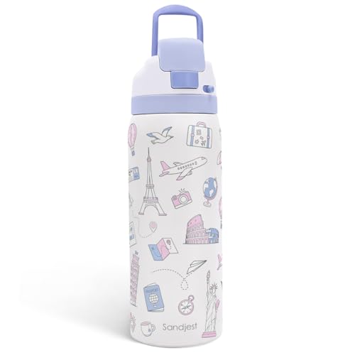 Image of Travel Lover Stainless Steel Water Bottle, Vacuum Insulated, Push-Button Lid, 32 oz, Gifts for Women Girls Friends Teens Birthday Christmas