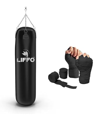 Image of Boxing Bag Punching Bag for Home Gym Heavy Duty with Stainless Steel Hanging Chain 2Feet Unfilled Synthetic Leather and Hand Wrap for (MMA,Kickboxing,Muay Thai,Taekwondo,Judo,Karate). Black