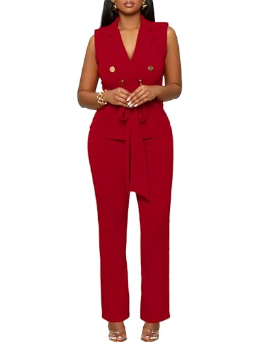 Blazer Pants Suits for Women Dressy Sleeveless Vest with Belt Wide Leg Pants 2 Piece Outfits Business Set Casual Suiting4