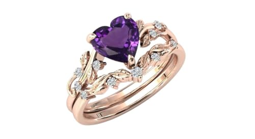Art Deco Heart Shaped Purple Amethyst Natural Gemstone Ring, 2pcs Bridal Ring 925 Sterling Silver Ring For Her3