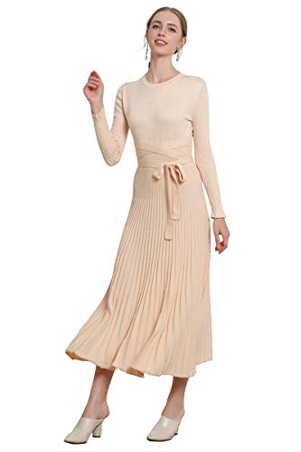 Image of Women's Long Sleeve Sweater Dress Ankle Length Fall Dress Vneck Knit Winter Dress