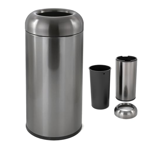 Image of WICHEMI Commercial Large Kitchen Trash Can, 16 Gallon Bullet Outdoor Trash Can with Open Top Lid, Brushed Stainless Steel Garbage Trash Can Office