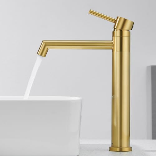 Ulytid Rubinetto Bagno Lavabo Alto Oro, Miscelatore Lavabo Rotazione a 360°, Monocomando Appoggio in Acciaio Inox con Aeratore Rimovibile, Fredda e Calda Regolabile, Altezza del Beccuccio 204mm
