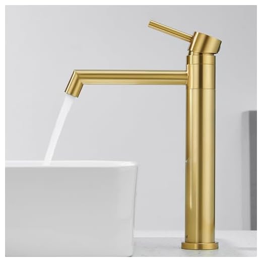 Ulytid Wasserhahn Bad Gold, Waschtischarmatur Hoch Aufsatzwaschbecken 360° Schwenkbar, Armatur Badezimmer mit Auslauf Höhe 204 mm, Mischbatterie Edelstahl Gebürstet für Waschbecken Gäste WC