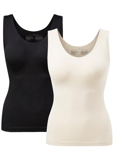 ATTLADY Womens Tummy Control Shapewear Tank Cami 2 Pack Body Shaper Camisole Compression Tank Top for Daily Wear & Layering