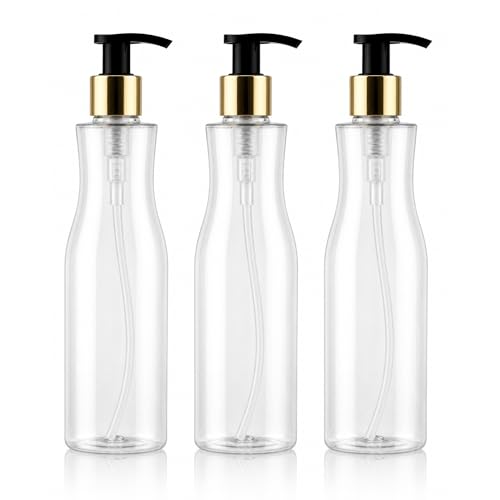Image of Prakash Empty Plastic Trophy Pump Bottles Dispenser 500ml Portable Shampoo Lotion Hand Bottle (Transparent Trophy Golden Pump 500ML, Pack of 3)