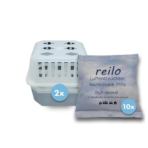 2x reilo Mini Raumentfeuchter Box mit 10x 275g "reilo" Luftentfeuchter Granulat (Calciumchlorid) im Vliesbeutel