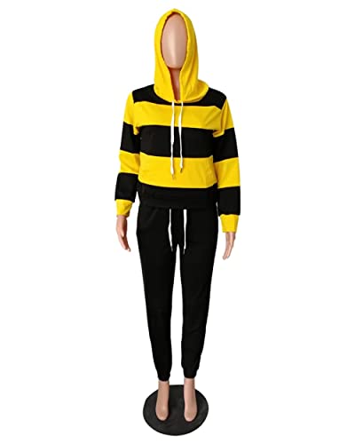 Women's Two Piece Outfits Stripes Sweatsuit Tracksuit Kangaroo Pocket Hoodies Sweatshirt Drawstring Pants Yellow Black S #TOP3