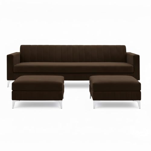 Image of Amelia 5 Seater L Shape Sofa Set with 2 Movable Ottomans | Flexible Layout | Rich Velvet Suede Fabric | Silver Legs | Spacious Seating | Modern Sofa for Living Room (Dark Brown)