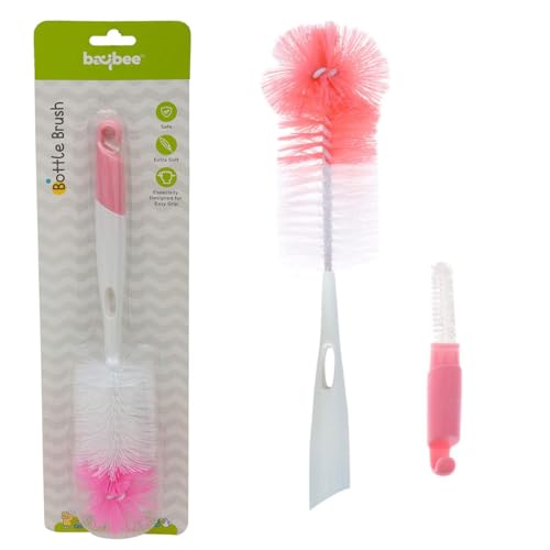 Image of Baybee 2 in 1 Baby Bottle Cleaning Brushes | BPA-Free 360 Movable Nylon Bristles Baby Feeding Bottle & Nipple Cleaning Brush | Anti Slip, Easy to Clean Neck to Wide Corner Cleaner Set(Pack of 2,Pink)