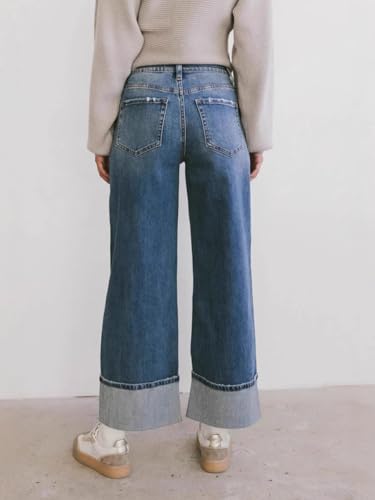 Women's Casual Straight Leg Mid Rise Boyfriends Jeans Fashion Cuffed Baggy Denim Pants3