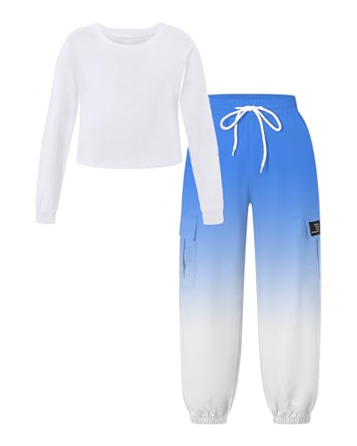 Image of Betusline Girls Fall Winter Clothing Sets, Long Sleeve Crop Top & Cargo Jogger Pants 2 Piece Outfit Sets,4T-14Y