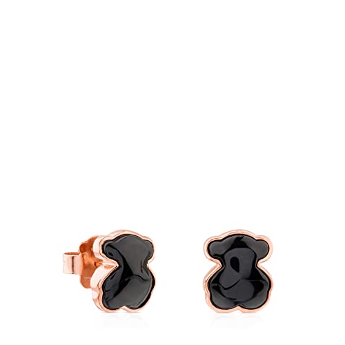 TOUS Pendientes de Plata Vermeil Rosa para Mujer con Cierre de Presión y Motivo Oso Onix Facetado 10mm, Minimalista y Elegante, Colección Motif