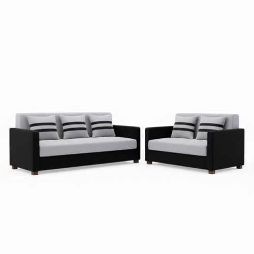 Image of FURNY Lifestylio 5 Seater Fabric 3+2 Sofa Set (Light Grey-Black) Premium Velvet Finish | Ideal for Living Rooms, Offices