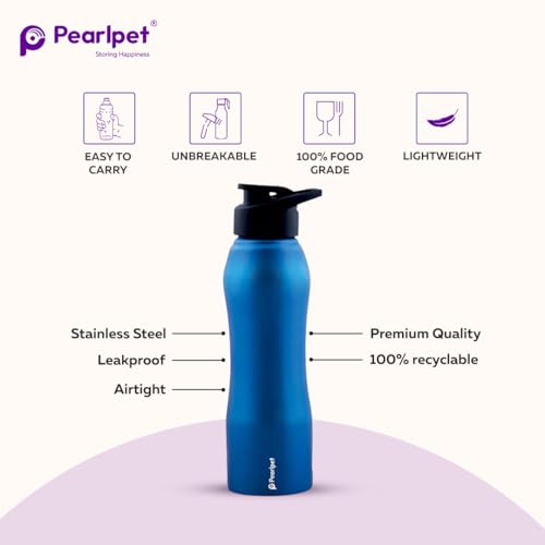 Image of PEARLPET Sportskool Slim Stainless Steel Single Wall Water Bottle 750ml | Leakproof, Durable, Reusable | For Gym, School, Office, Fridge Use | Pack of 1 (Blue)