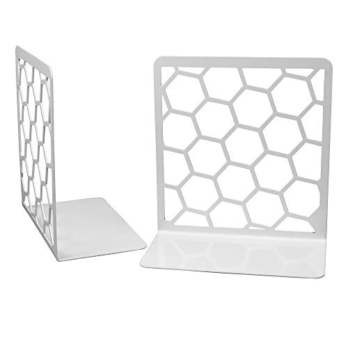 Image of Spillbox Metal Non Slip Bookends Book Shelves | Shelf | Study Table | Home Decor | Holders | Case | Bracket | Stand | Heavy Duty | Set | Book Ends for Office, Home - White Hexagon