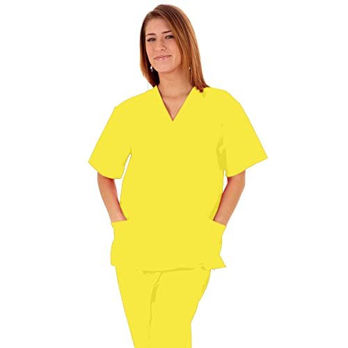 ACTIVE UNIFORMS Women Scrub Sets Solid Scrub Set Medical Scrub Top and Pants (XX-Large, Yellow)