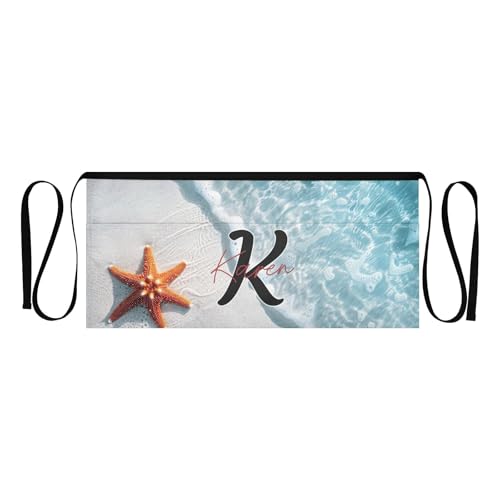 ODAWA Custom Monogram Short Apron with 3 Pockets Personalised Text Starfish on White Sand Beach Waterproof Waitress Waist Apron