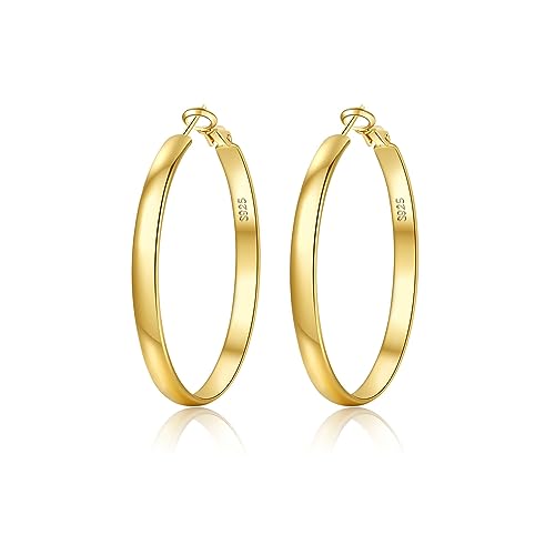 EXGOX Pendientes Mujer Plata 5MM Ancho Aro Hipoalergénicos de Ley 925 Grandes Dorados 14K Aros 30/40/50/60/70mm