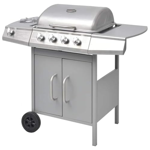 Barbecue à gaz 4 + 1 brûleurs avec réchaud latéral, chariot de barbecue à gaz en acier inoxydable avec housse, thermomètre, bac récupérateur de...