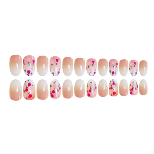 Image of Flower Press on Nails Pink Fake Nails Tulip with Design Nude Glossy Full Cover Reusable False Nail Press ons Short Oval Glue on Nail for Women Girls Manicure 24Pcs