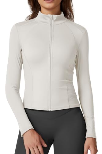 QINSEN Women's Full Zip Cropped Workout Jackets Fitted Lightweight Athletic Yoga Shirts Beige M
