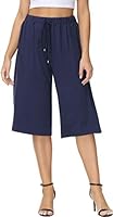 HOW'ON Women's Elastic Waist Wide Leg Casual Palazzo Capri Culottes Pants Soft Knit Cropped Pants with Drawstring Blue L