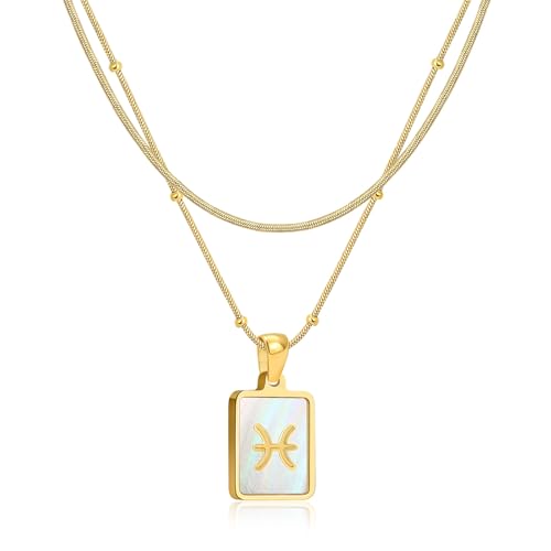 LETFLY Pisces Zodiac Gold Necklace Stack for Women 18K Gold Plated Square Shaped Pendant with Adjustable Layered Snake Chain for Women Jewelry Gifts