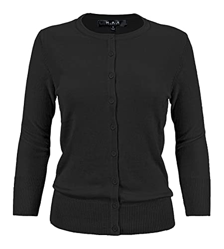 YEMAK Women's Knit Cardigan Sweater â€“ 3/4 Sleeve Crewneck Basic Classic Casual Button Down Soft Lightweight Knitted Top CO079-BLK-M Black