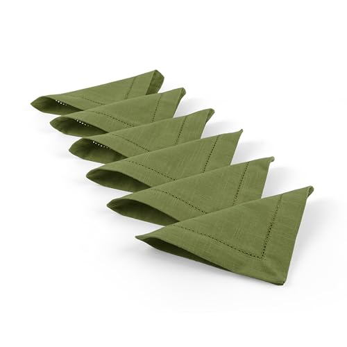 Image of Fingercraft Cotton Cocktail Napkins 6x6 Inches - Set of 12 Reusable Cloth Beverage Coasters with Elegant Ladder Hemstitch - Perfect for Parties, Bars & Home Use (Olive Slub)