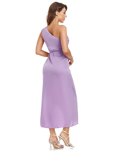 Image of Women's One Shoulder Satin Silk Backless Split Wrap Hem Twist Ruched Summer Party Cocktail Midi Dress
