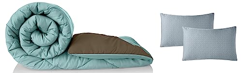 Image of Amazon Brand - Solimo Microfibre Reversible Comforter, Double (Sky Blue & Taupe Grey, 200 GSM) Microfiber Bed Pillow Set (Grey, 43 x 69 cm) 2-Piece
