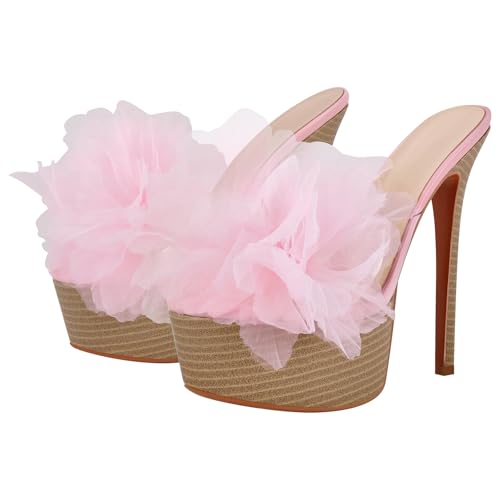 Women's Platform Slides Sandals Flower Stilettos High Heels3